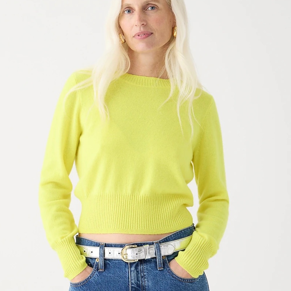 J.Crew Cropped Cashmere crewneck sweater Lemon Sorbet M Citron Medium chartreuse